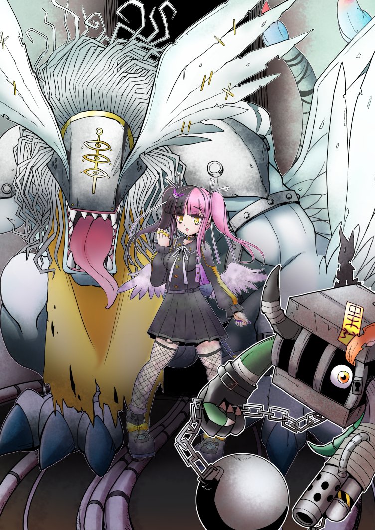 chain digimon digimon_(creature) looking_at_viewer manticoremon mask mimicmon one-eyed original twintails yellow_eyes