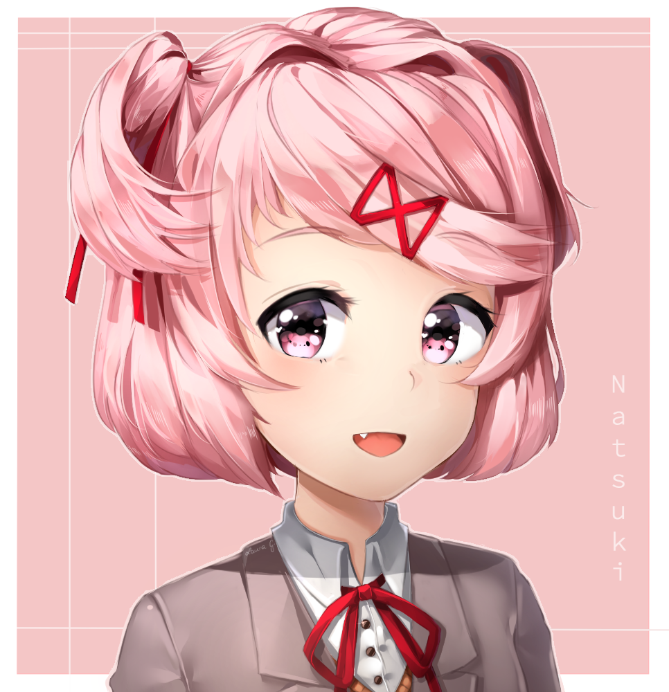 1girl :d character_name commentary doki_doki_literature_club english_commentary fang female_focus hair_ornament hair_ribbon hairclip heart heart_in_eye looking_at_viewer natsuki_(doki_doki_literature_club) open_mouth outline pink_background pink_eyes pink_hair portrait red_ribbon ribbon sasoura short_hair signature simple_background smile solo symbol_in_eye two_side_up white_outline