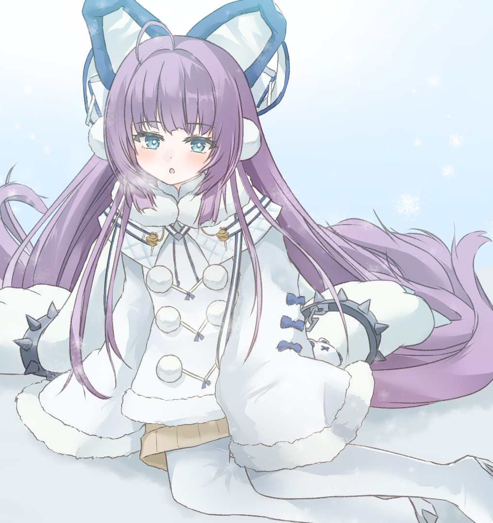 1girl ahoge azur_lane blue_eyes blush boots breath bright_pupils capelet coat cold commentary_request fur-trimmed_capelet fur-trimmed_coat fur-trimmed_sleeves fur_trim hair_spread_out long_hair long_sleeves looking_at_viewer open_mouth pom_pom_(clothes) purple_hair sidelocks sitting sleeves_past_fingers sleeves_past_wrists snow snowflakes snowing solo tashkent_(azur_lane) thigh_boots tififox very_long_hair very_long_sleeves white_boots white_capelet white_coat white_pupils