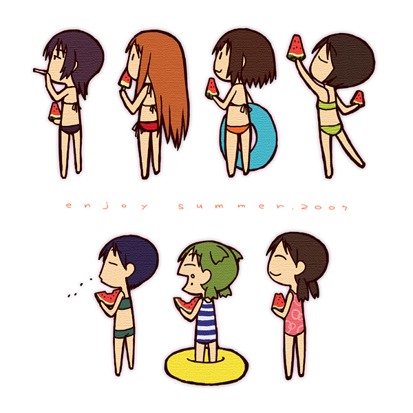 6+girls ^_^ ayase_asagi ayase_ena ayase_fuuka azumanga_daiou bikini chibi child closed_eyes emoncake. everyone flat_chest food fruit happy hayasaka_miura hiwatari holding holding_food holding_fruit holding_watermelon koiwai_yotsuba long_hair multiple_girls open_mouth shimau short_hair simple_background smile summer swimsuit torako_(yotsubato!) watermelon white_background yotsubato!