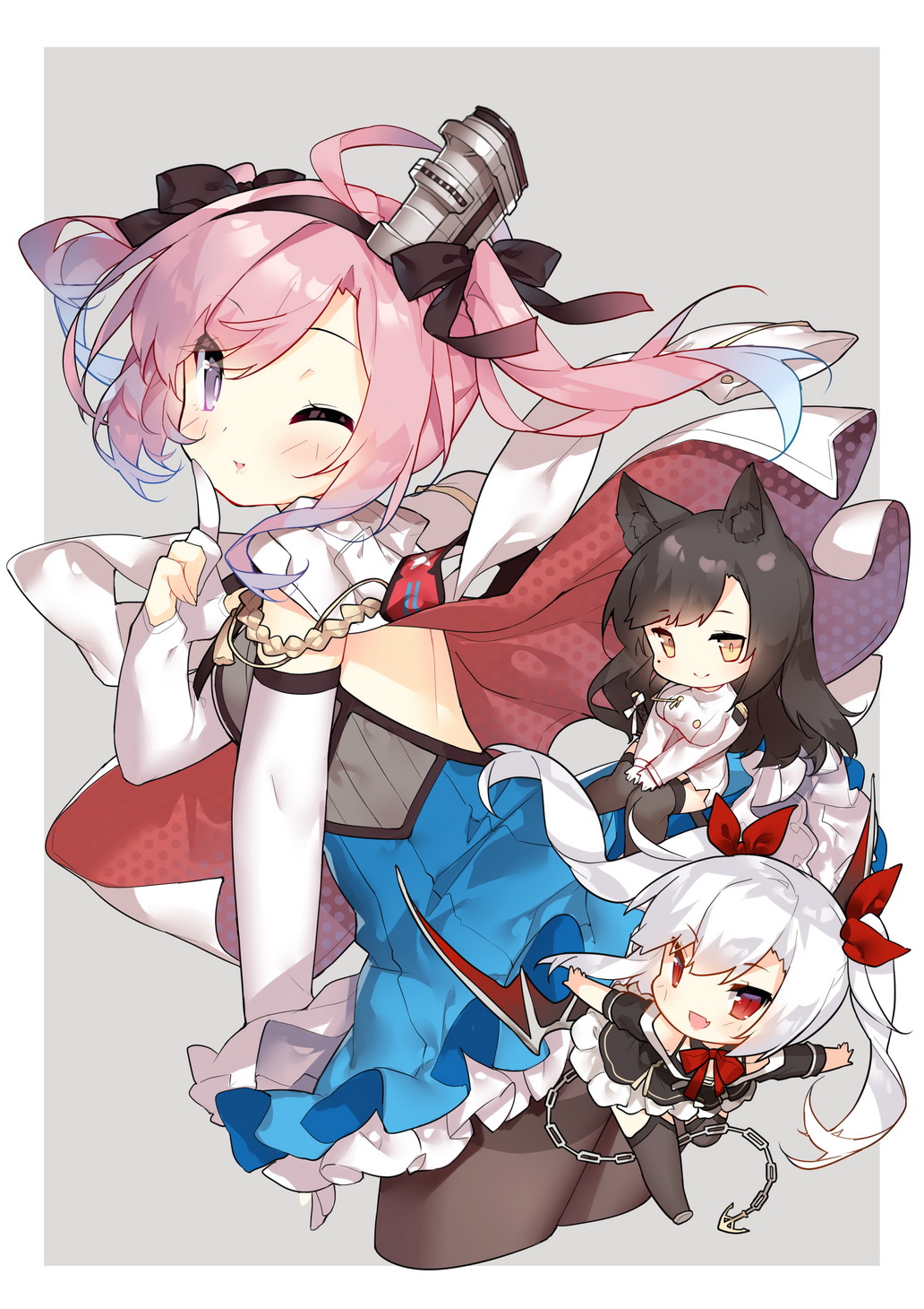3girls :d ahoge anchor animal_ears atago_(azur_lane) azur_lane bikini bikini_top_only black_bikini black_bow black_dress black_hair black_hairband black_legwear blue_dress blue_hair blush bow bowtie breasts cat_ears chain chibi closed_mouth commentary_request dress elbow_gloves fang frilled_dress frills garter_straps gloves gradient_hair grey_background hair_between_eyes hair_bow hair_ribbon hairband head_tilt highres index_finger_raised jacket jacket_on_shoulders large_breasts leaning_forward long_hair long_sleeves looking_at_viewer looking_to_the_side military military_uniform mole mole_under_eye multicolored_hair multiple_girls one_eye_closed open_mouth outstretched_arms pantyhose parted_lips partially_fingerless_gloves pink_hair purple_eyes red_eyes red_neckwear red_ribbon ribbon saratoga_(azur_lane) saru short_sleeves silver_hair sleeveless sleeveless_dress smile spread_arms swimsuit thighband_pantyhose thighhighs twintails two-tone_background vampire_(azur_lane) very_long_hair white_background white_dress white_gloves white_jacket yellow_eyes