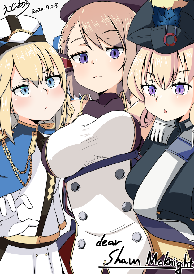 3girls :&lt; azur_lane belt beret bicorne black_neckwear blue_cape blue_coat blue_eyes blue_headwear breasts camisole cape carabiniere_(azur_lane) coat commission cross dated edoara epaulettes flat_chest gloves hair_between_eyes hardy_(azur_lane) hat iron_cross jacket light_brown_hair look-alike medium_breasts military_hat multiple_girls open_mouth purple_eyes ribbon short_hair signature skeb_commission smile trait_connection tricorne white_belt white_camisole white_gloves white_ribbon z23_(azur_lane)