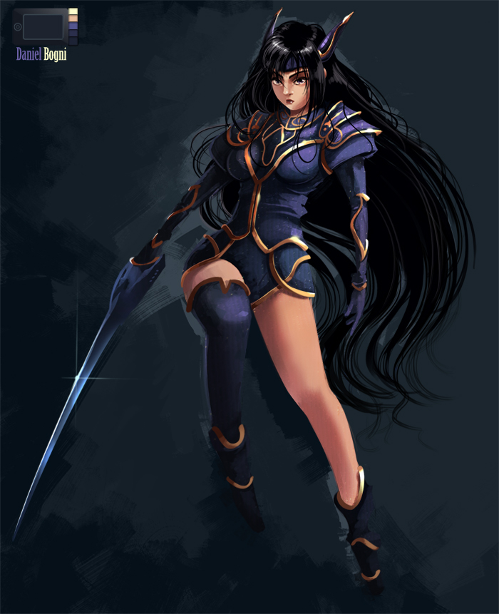 1girl armor black_hair black_thighhighs daniel_bogni elbow_gloves female_focus gloves headgear long_hair pauldrons rose_(dragoon) shoulder_armor single_thighhigh solo sword the_legend_of_dragoon thighhighs very_long_hair weapon