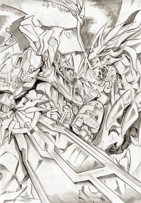 2boys autobot claws decepticon dragon glowing greyscale grinding horns kamizono_(spookyhouse) machine machinery mecha mechanical_wings monochrome monster multiple_boys no_humans open_mouth optimus_prime predacon predaking_(transformers) robot science_fiction sword teeth transformers transformers_prime weapon western_dragon wings