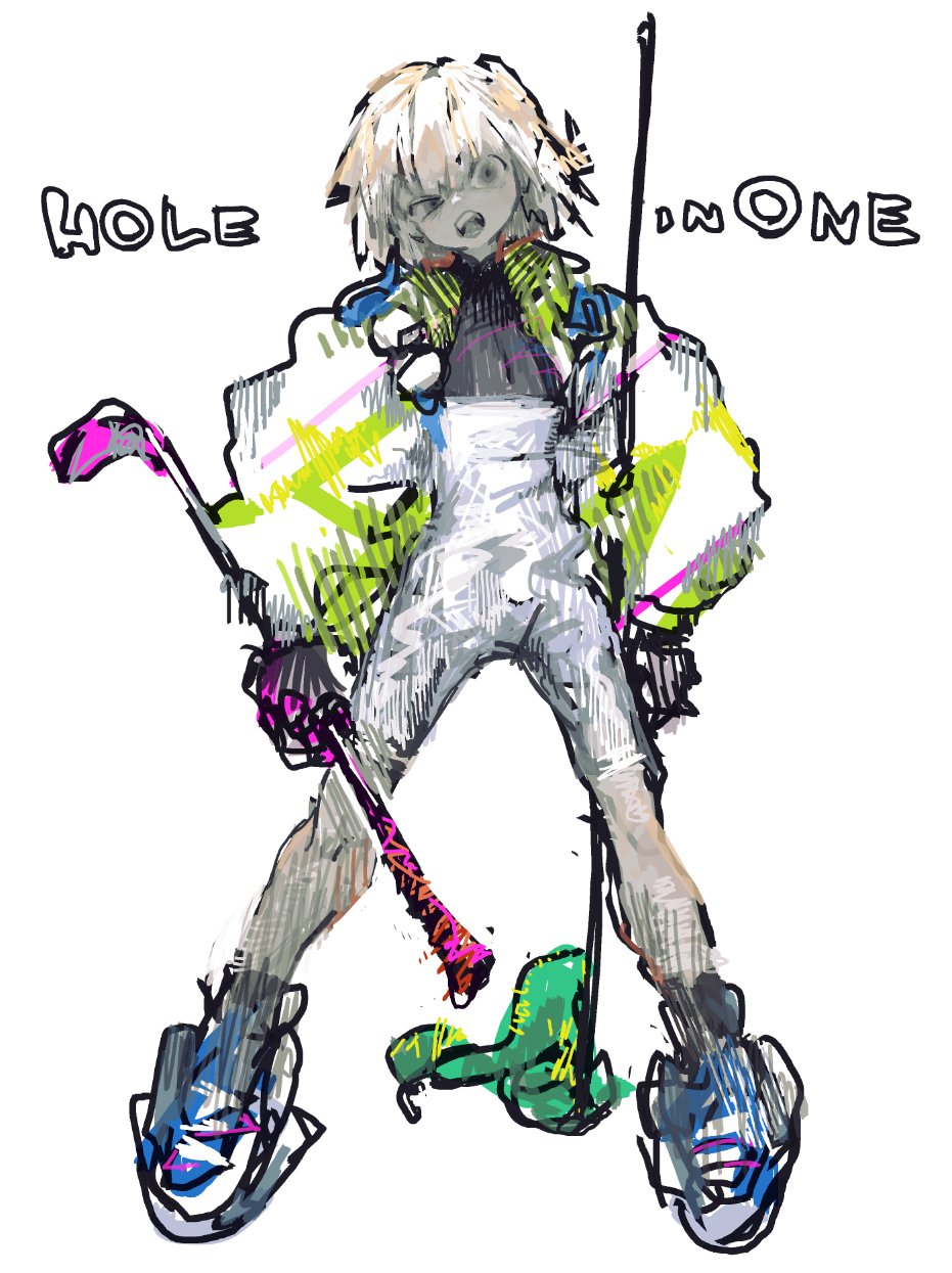 1girl angry arms_at_sides black_gloves bodysuit colored_skin english_text flag frown full_body glaring gloves golf golf_club grey_eyes grey_skin grey_tongue hakusaku head_tilt highres holding holding_golf_club jacket legs_apart long_sleeves looking_at_viewer open_mouth original puffy_long_sleeves puffy_sleeves shoes short_hair shorts simple_background sneakers solo standing uneven_eyes v-shaped_eyebrows white_background white_hair white_jacket