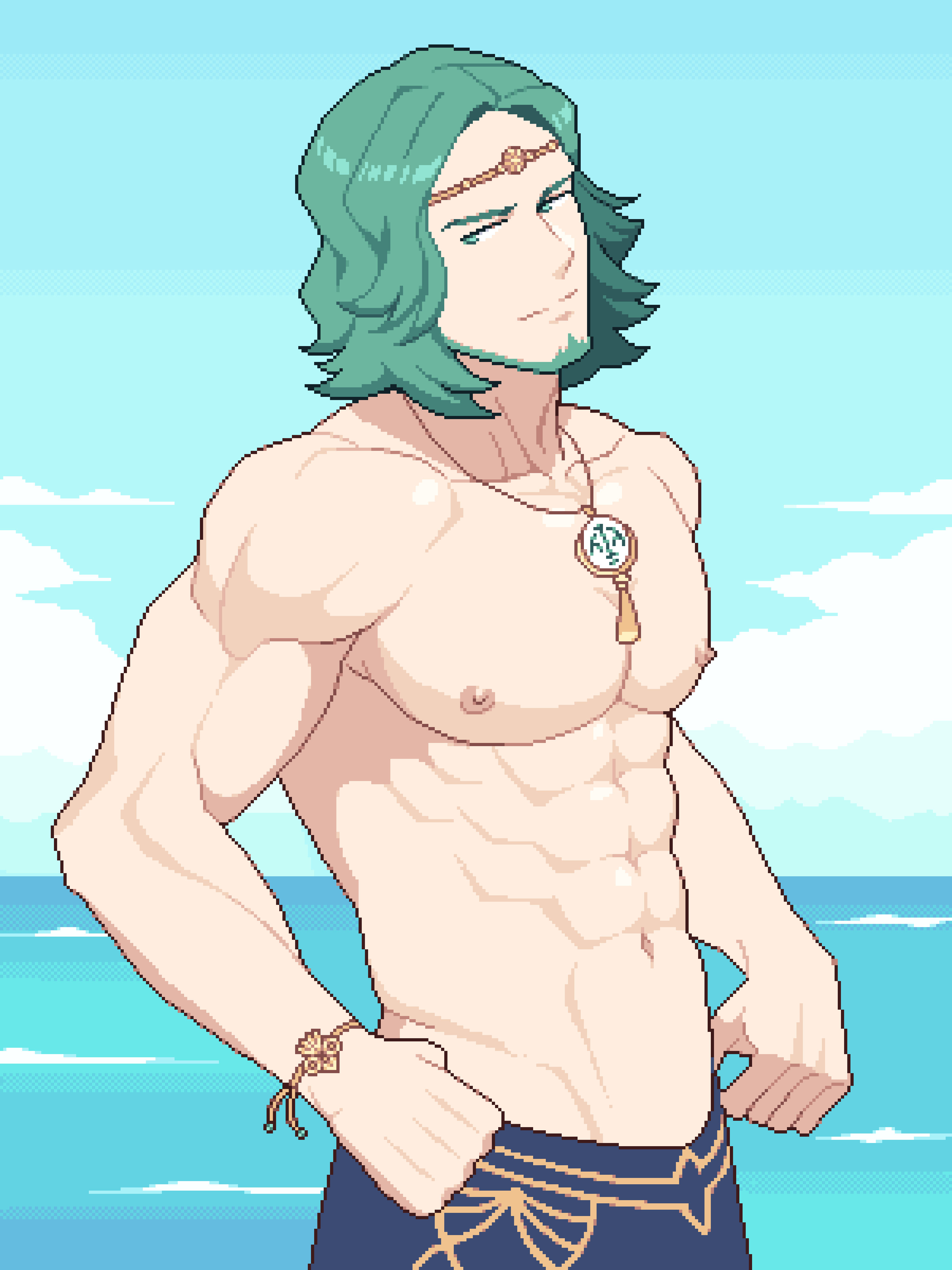 1boy abs absurdres beard catnipsmoker_(hakino) facial_hair fire_emblem fire_emblem:_three_houses green_eyes green_facial_hair green_hair highres male_focus nintendo ocean pectorals seteth_(fire_emblem) topless_male water