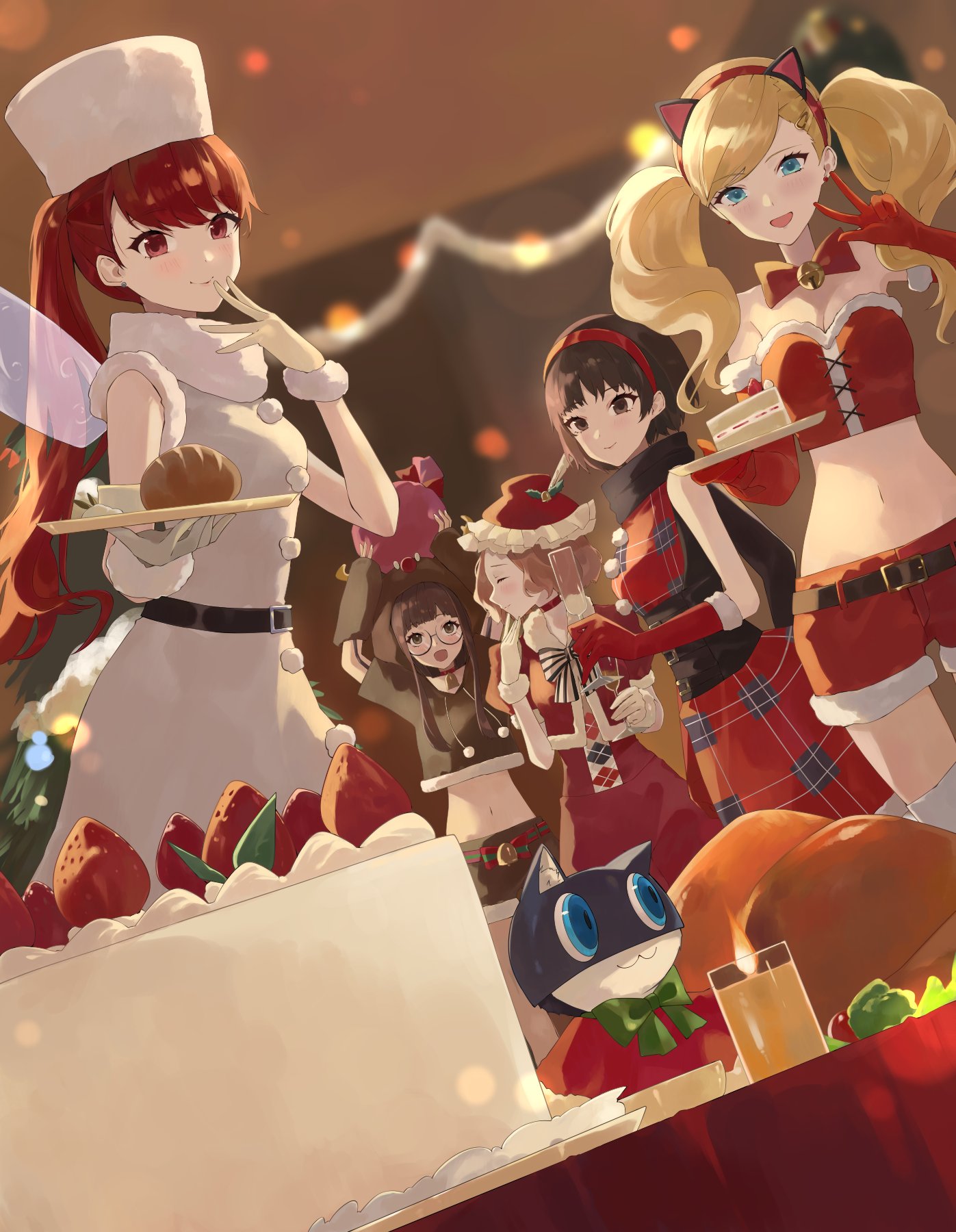 5girls alternate_costume angel_wings animal_costume animal_ear_hairband animal_ears black-framed_eyewear black_hair blonde_hair blue_eyes brown_eyes brown_hair cake cat_ear_hairband cat_ears christmas cup dress earrings elbow_gloves fake_animal_ears finger_to_mouth food fruit fur-trimmed_jacket fur_trim glasses gloves hair_ornament hairband hat highres holding holding_cup holding_food jacket jewelry konchi_(63438789) long_hair multiple_girls niijima_makoto okumura_haru one_eye_closed orange_hair persona persona_5 persona_5_the_royal ponytail red_eyes red_gloves red_hair reindeer_costume sakura_futaba santa_costume santa_dress short_hair skirt strawberry strawberry_shortcake takamaki_anne twintails v wings yoshizawa_sumire