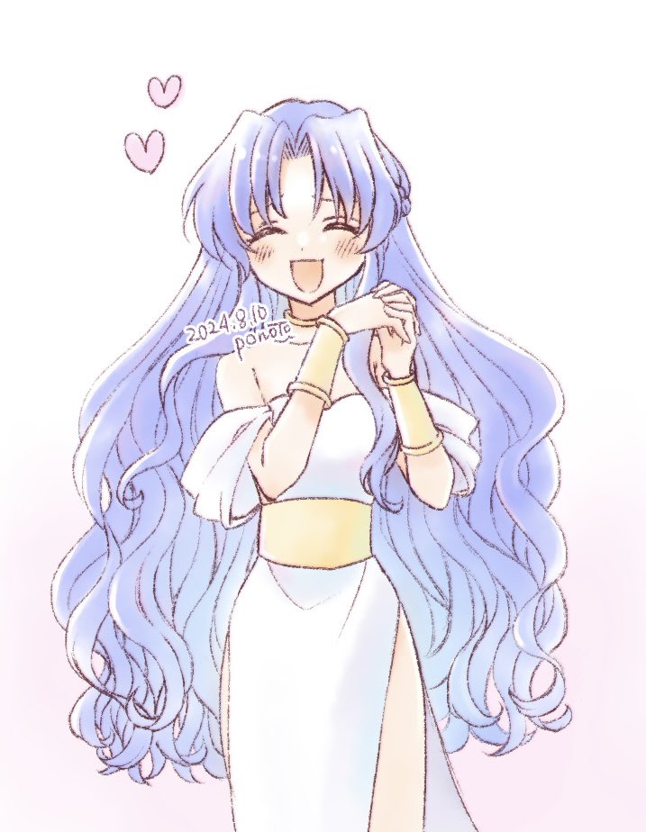 1girl :d ^_^ blue_hair bracelet closed_eyes commentary_request curtained_hair dot_nose dress furrowed_brow hands_clasped_in_delight heart jewelry long_hair off-shoulder_dress off_shoulder open_mouth own_hands_together porucccooo puyopuyo rulue_(puyopuyo) simple_background smile solo very_long_hair wavy_hair white_background white_dress