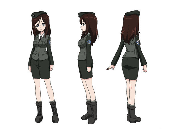 1girl black_footwear black_necktie blue_eyes brown_hair closed_mouth concept_art emblem from_behind from_side full_body girls_und_panzer hat jacket japanese_tankery_league_(emblem) long_hair long_sleeves megumi_(girls_und_panzer) miniskirt multiple_views necktie official_art pencil_skirt selection_university_military_uniform simple_background skirt standing swept_bangs white_background