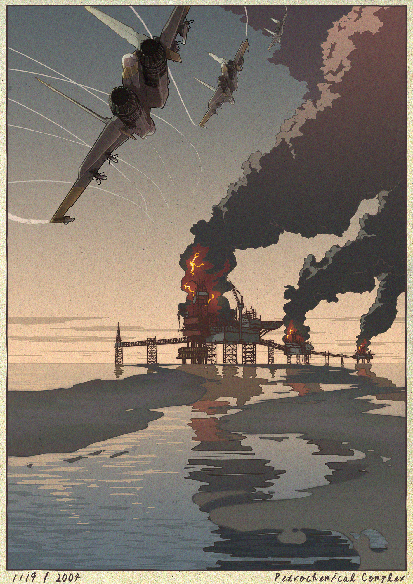 ace_combat ace_combat_04 aircraft airplane border commentary_request contrail day english_text fighter_jet fine_art_parody fire flying highres horizon military military_vehicle nihonga no_humans ocean oil_rig outdoors parody r-73_vympel reflection reflective_water sky smoke su-37 ukiyo-e water yellow_13 yuukou