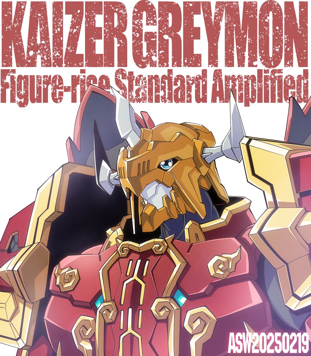 1boy announcement_celebration armor as&#039;maria blue_eyes character_name dated digimon digimon_(creature) digimon_frontier helmet horns kaisergreymon orange_helmet red_armor simple_background solo upper_body white_background