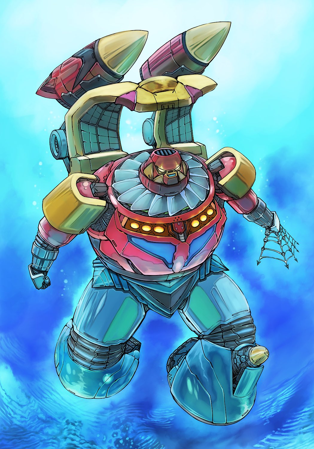 armor blue_armor bubble getter_poseidon getter_robo getter_robo_g highres joints mecha mecha_focus missile multicolored_armor net no_humans red_armor robot robot_joints science_fiction super_robot turbine underwater yamanushi yellow_armor yellow_eyes yellow_light