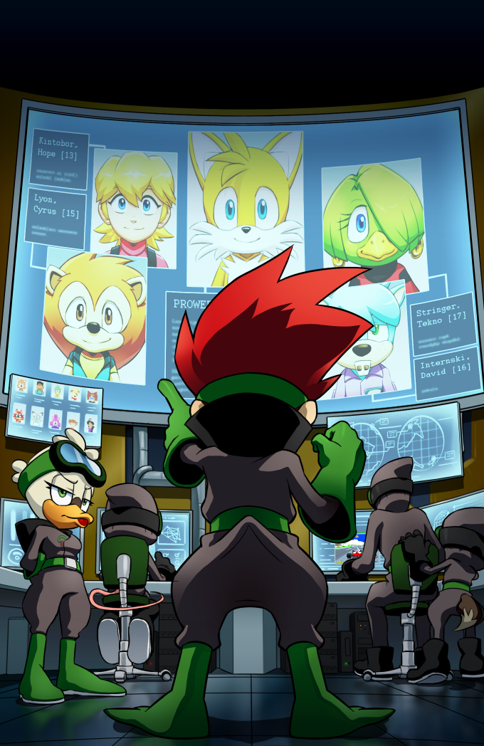 6+boys 6+girls animal_ears avatar_(sonic_forces) blonde_hair braces brown_eyes character_age character_name child christopher_thorndyke commentary cyrus_the_lion dave_the_intern doctor_quack_(sonic) duck_girl english_commentary family_matters fox_boy gloves green_eyes green_gloves hair_between_eyes hope_kintobor joeadok lion_boy monitor multiple_boys multiple_girls muttski_(archie_sonic) pointing red_hair smile sonic_(series) sonic_boom_(series) sonic_the_comic sonic_the_hedgehog_(archie_comics) steve_urkel tails_(sonic) tekno_the_canary