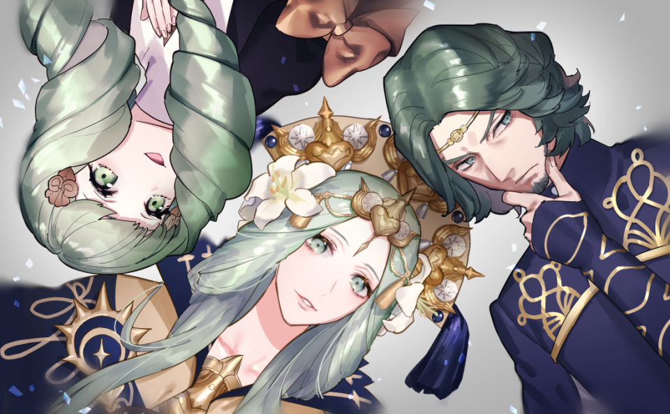 1boy 2girls beard bow brother_and_sister closed_mouth crown facial_hair fire_emblem fire_emblem:_three_houses flayn_(fire_emblem) flower green_eyes green_facial_hair green_hair hair_flower hair_ornament long_hair long_sleeves matching_hair/eyes multiple_girls nakapipo nintendo open_mouth parted_lips rhea_(fire_emblem) seteth_(fire_emblem) short_hair siblings tiara upper_body upside-down