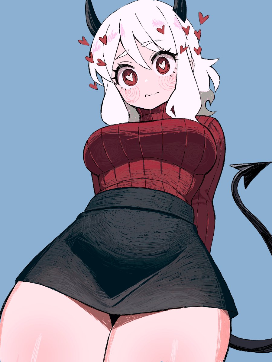 1girl blush breasts demon_girl demon_horns demon_tail heart helltaker high-waist_skirt highres horns looking_at_viewer medium_breasts modeus_(helltaker) red_eyes ribbed_sweater skirt solo sweater swirl tail thick_thighs thighs white_hair zeon_(zzeeonn)