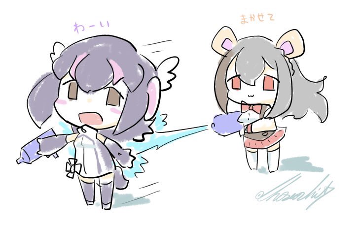2girls black_hair cherushi_2 grey_hair humboldt_penguin_(kemono_friends) indie_virtual_youtuber kemono_friends kemono_friends_v_project kirara_mimi long_hair multiple_girls short_hair simple_background virtual_youtuber