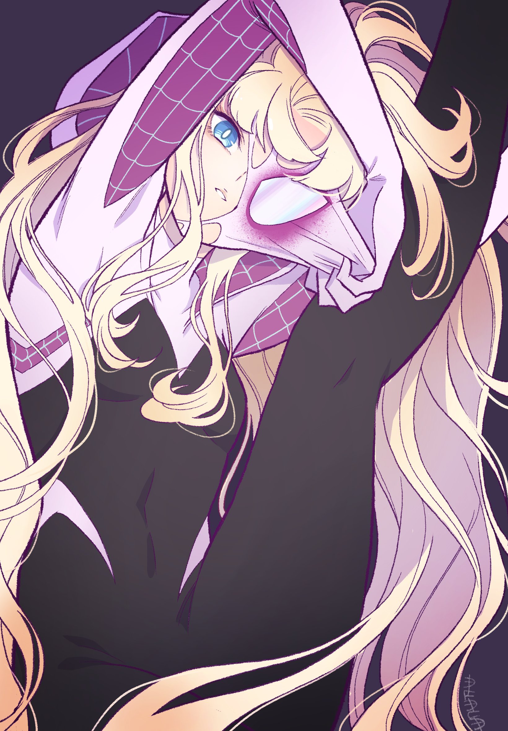 1girl black_background black_bodysuit blonde_hair blue_eyes bodysuit commentary covered_navel gwen_stacy highres hood hooded_bodysuit leg_up long_hair looking_at_viewer marvel mask parted_lips solo spider-gwen spider-man_(series) sushi_pizza_rrr two-tone_bodysuit very_long_hair white_bodysuit