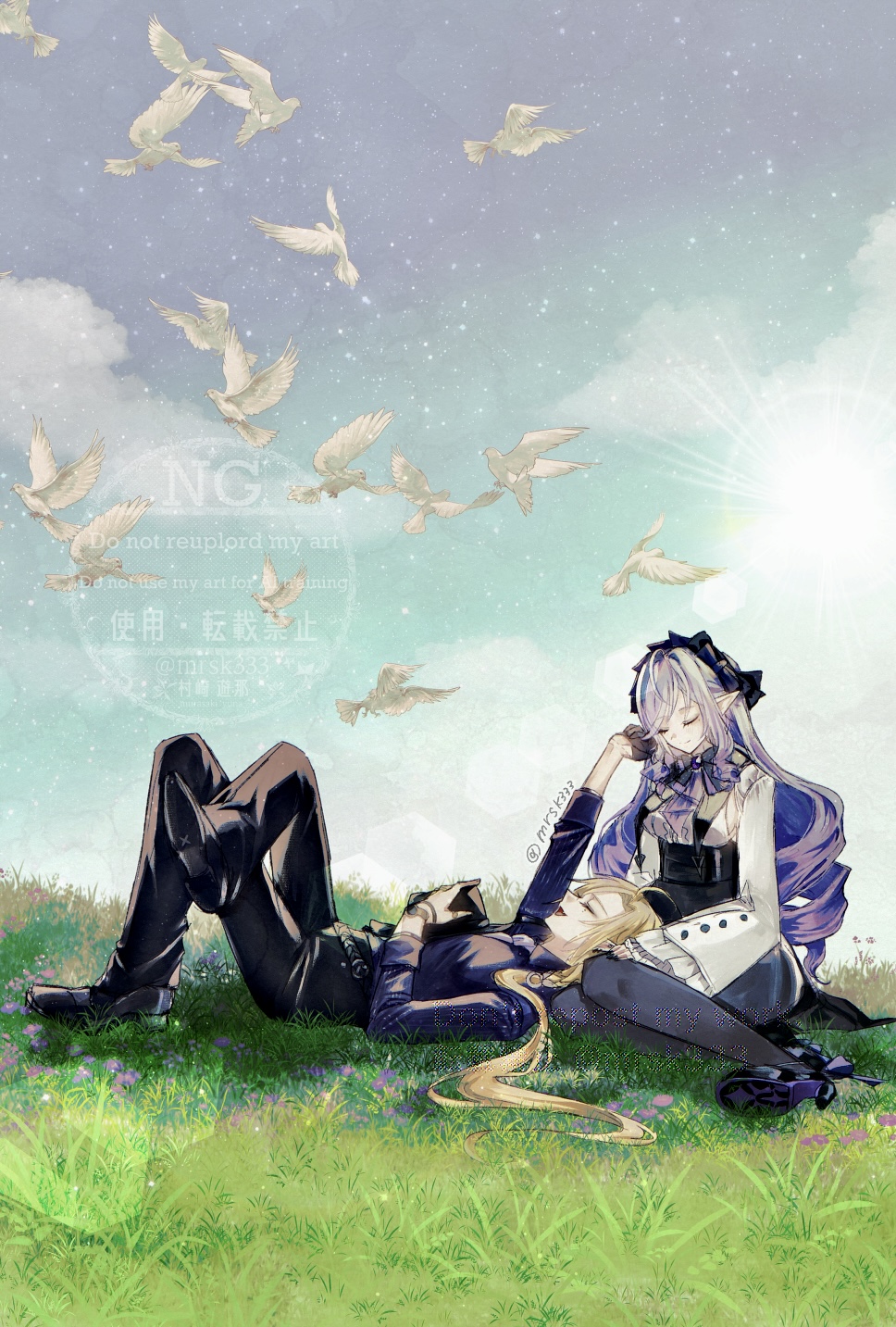 1boy 1girl ahoge bird black_gloves black_pants black_pantyhose black_shoes blonde_hair blue_sky book closed_eyes closed_mouth cloud crossed_legs dress drill_hair formal_clothes gloves grey_hair high_heels highres holding holding_book hugo_vlad lying murasaki_yuna on_back open_mouth pants pantyhose pointy_ears ponytail purple_suit shoes sky smile suit twin_drills vivian_banshee white_dress zenless_zone_zero