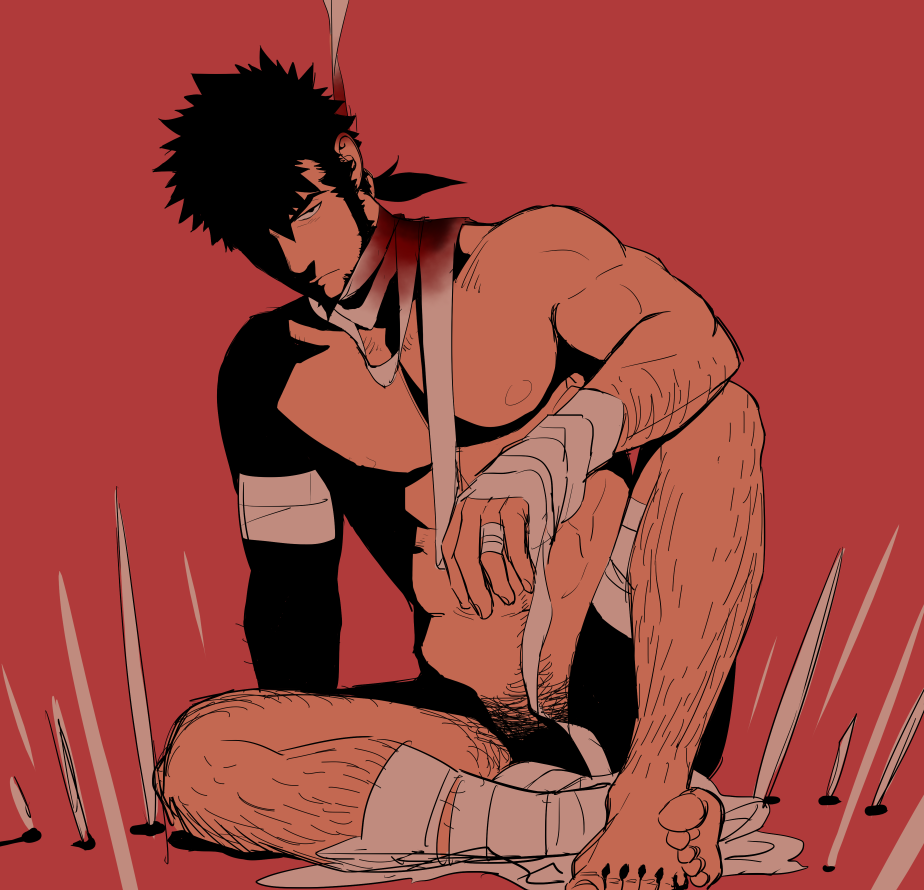 1boy abs bandaged_arm bandaged_hand bandaged_leg bandaged_neck bandages bara beard black_eyes black_hair blood bloody_bandages body_hair dimension_w facial_hair itto_(mentaiko) leg_hair looking_at_viewer mabuchi_kyoma male_focus male_pubic_hair muscular muscular_male nipples one_eye_covered ponytail pubic_hair red_background short_hair sideburns sitting weapon