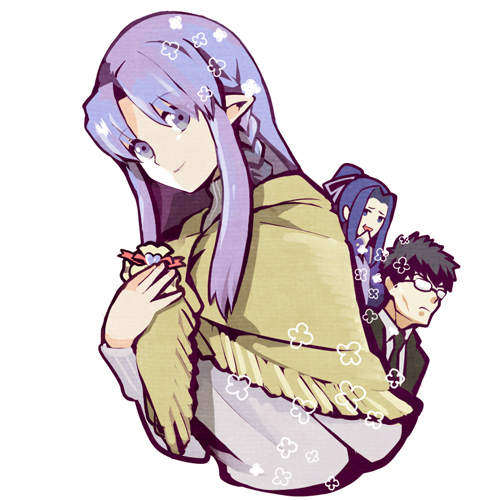 1girl 2boys bad_id bad_pixiv_id black_hair blue_eyes braid closed_mouth fate/stay_night fate_(series) fringe_trim glasses hiko_(lg612) japanese_clothes kuzuki_souichirou light_smile long_hair long_sleeves looking_at_viewer lowres medea_(caster)_(fate) medea_(fate) multiple_boys parted_bangs pointy_ears ponytail purple_hair sasaki_kojirou_(fate) short_hair side_braid simple_background sweater turtleneck turtleneck_sweater valentine white_background