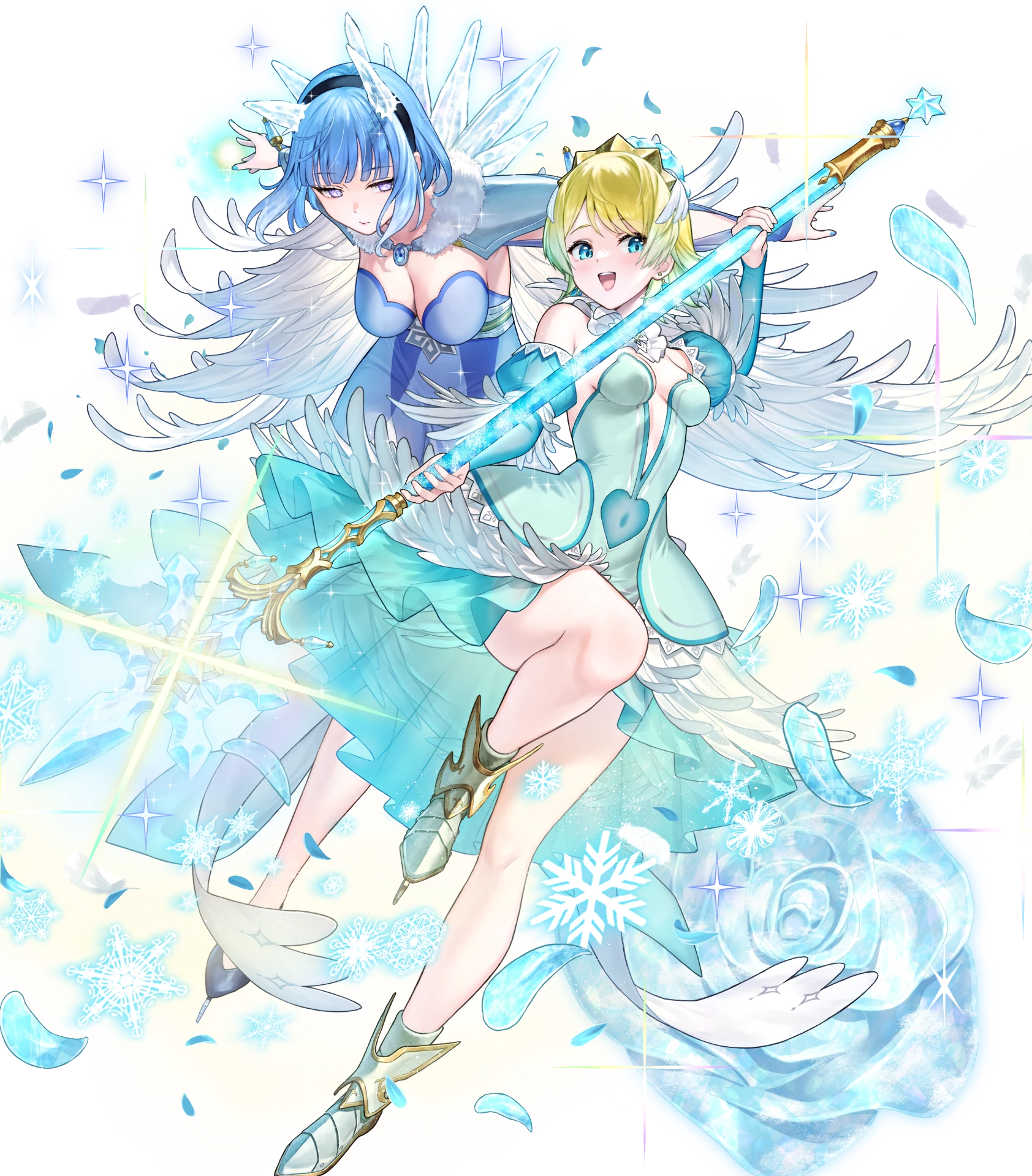 2girls attack backless_dress backless_outfit bare_legs bare_shoulders blonde_hair blue_eyes blue_hair breasts cape cleavage covered_navel dress feather_cape feather_trim fire_emblem fire_emblem_heroes fjorm_(fire_emblem) fjorm_(ice_tribe)_(fire_emblem) highres holding holding_polearm holding_weapon ice_horns ice_skates lance medium_breasts multiple_girls nail_polish nifl_(fire_emblem) nifl_(ice_tribe)_(fire_emblem) nintendo non-web_source official_alternate_costume official_art open_mouth polearm short_hair skates small_breasts smile snowflakes sparkle tiara tutu weapon white_cape