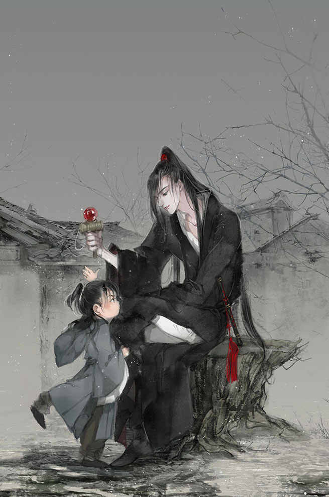 2boys aged_down architecture bare_tree black_boots black_eyes black_hair black_hanfu boots child chinese_clothes crossed_legs dizi east_asian_architecture faux_traditional_media flute flute_tassel grey_hanfu grey_sky hand_up hanfu high_ponytail holding holding_toy hood ink_wash_painting instrument kcllzas163 lan_sizhui light_particles long_hair long_sleeves looking_at_another male_focus modao_zushi multiple_boys on_tree_stump outdoors pants parted_lips ponytail robe sitting sky smile standing tassel third-party_source toy transverse_flute tree tree_stump wei_wuxian white_pants wide_sleeves