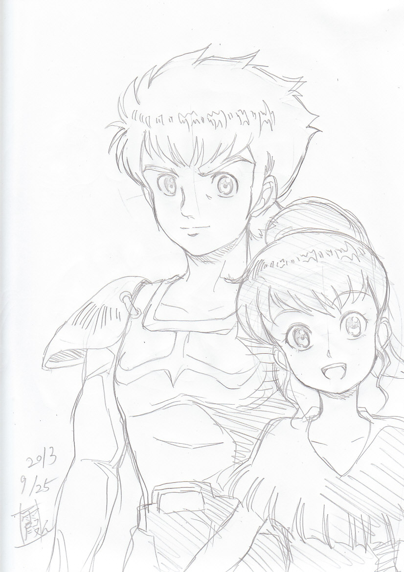 1boy 1girl artist_request chururu jordy_vorder kikou-kai_galient monochrome sketch