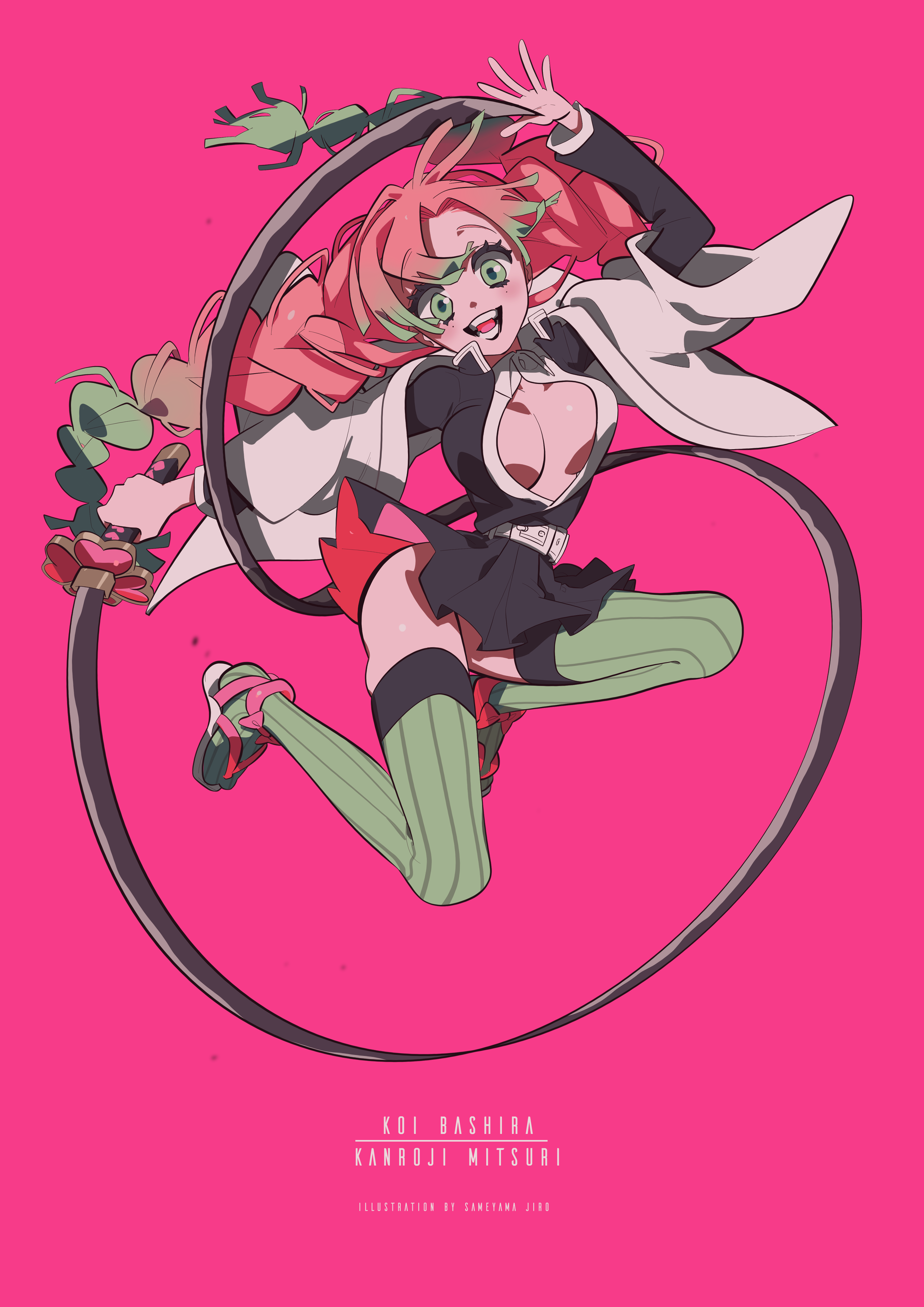 1girl absurdres arm_up belt black_shirt black_skirt braid breasts character_name cleavage dual_wielding eyelashes full_body green_eyes green_thighhighs highres holding kanroji_mitsuri kimetsu_no_yaiba looking_at_viewer mole mole_under_each_eye mole_under_eye multiple_moles open_mouth pink_background pink_hair pleated_skirt sameyama_jiro shirt skirt solo sword teeth thighhighs twin_braids weapon white_belt