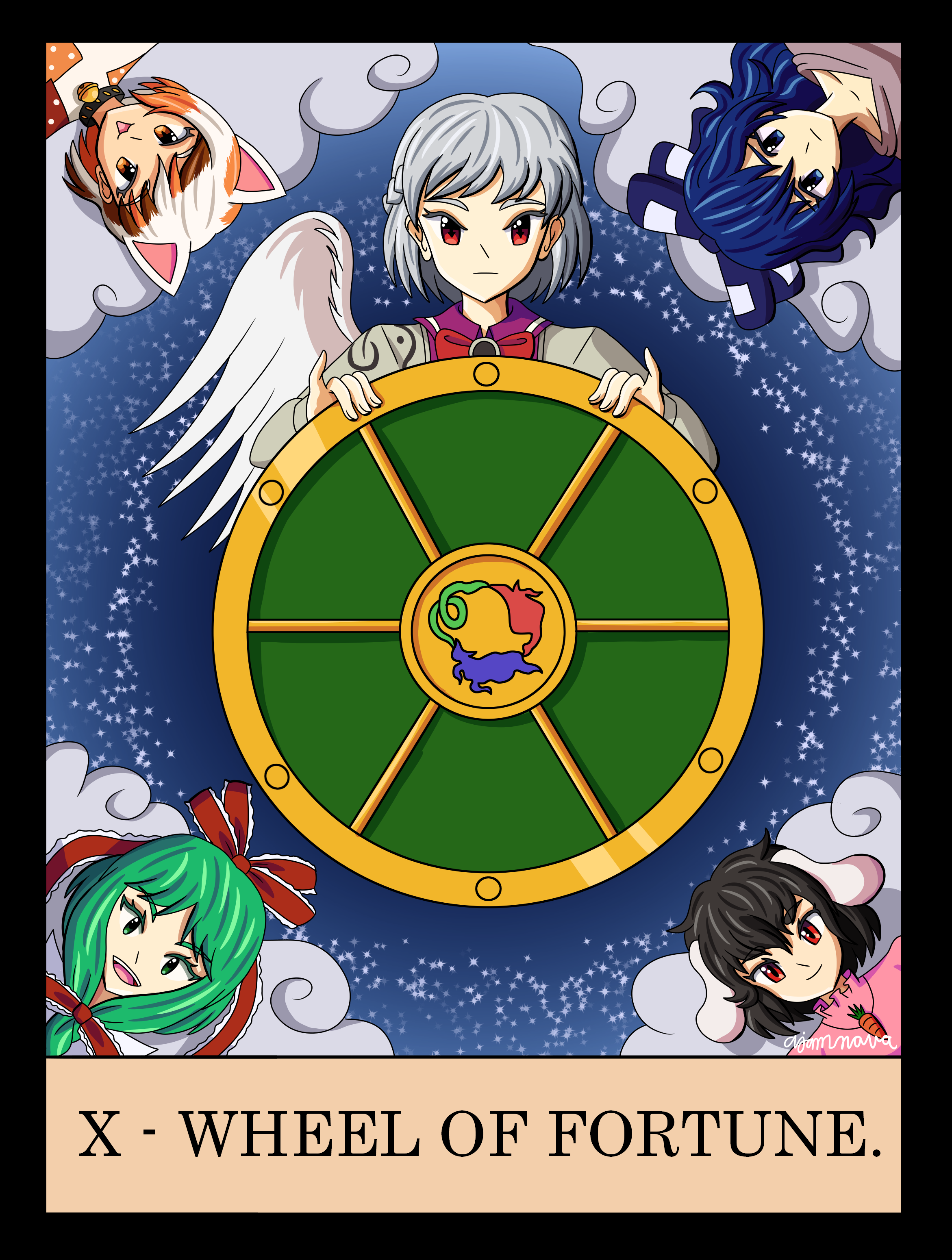 5girls absurdres ajamnova black_hair blue_hair cat_girl goutokuji_mike green_eyes green_hair highres inaba_tewi kagiyama_hina kishin_sagume looking_at_viewer multiple_girls rabbit_girl single_wing smile tarot touhou wheel_of_fortune_(tarot) white_hair wings yorigami_shion