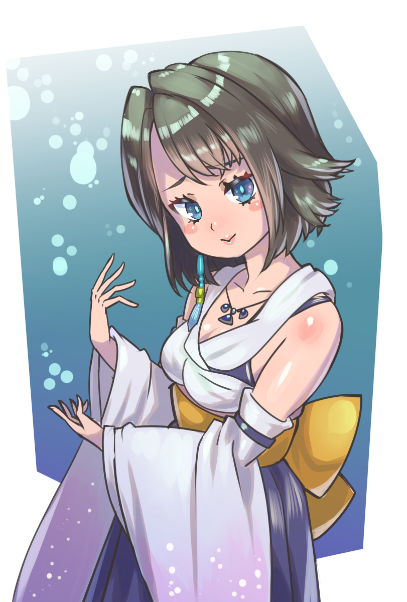 1girl blue_eyes breasts brown_hair closed_mouth detached_sleeves final_fantasy final_fantasy_x hair_ornament hakama highres japanese_clothes jewelry kuwango looking_at_viewer necklace short_hair smile solo yuna_(ff10)