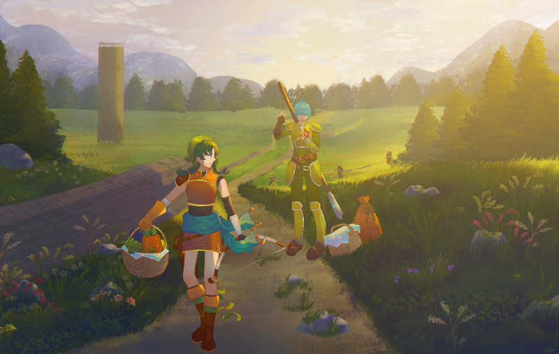 1boy 1girl armor basket breastplate field fire_emblem fire_emblem:_the_blazing_blade gloves greaves green_hair holding holding_basket lijupy lowen_(fire_emblem) mountain nintendo outdoors painting_(medium) pauldrons polearm rebecca_(fire_emblem) shoulder_armor spear traditional_media watercolor_(medium) waving weapon weapon_on_back
