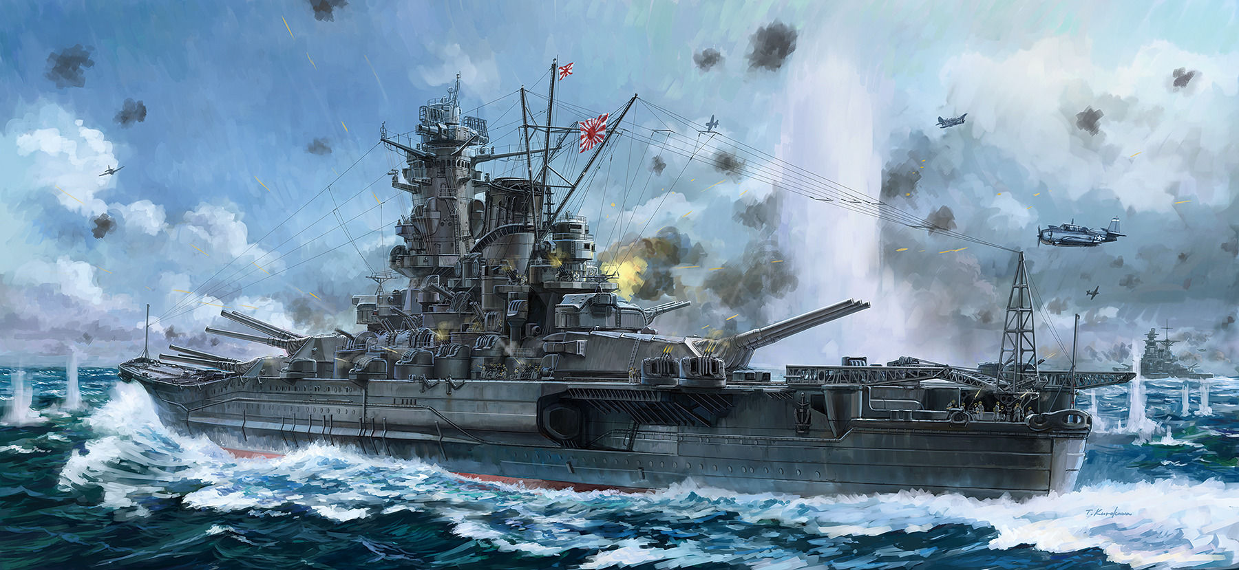 6+boys airplane artist_name battle battle_of_leyte_gulf battleship f6f_hellcat highres imperial_japanese_navy kurokawa_takeshi military_vehicle multiple_boys naval_battle ocean propeller_fighter real_life rising_sun_flag ship sunburst united_states_navy vehicle_focus warship watercraft world_war_ii yamato_(battleship)