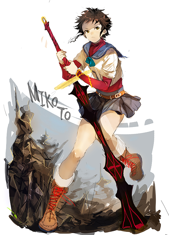00s 1girl bad_id bad_pixiv_id black_eyes black_hair boots braid female_focus minagi_mikoto my-hime naye ohna school_uniform serafuku short_hair skirt solo sword twin_braids weapon
