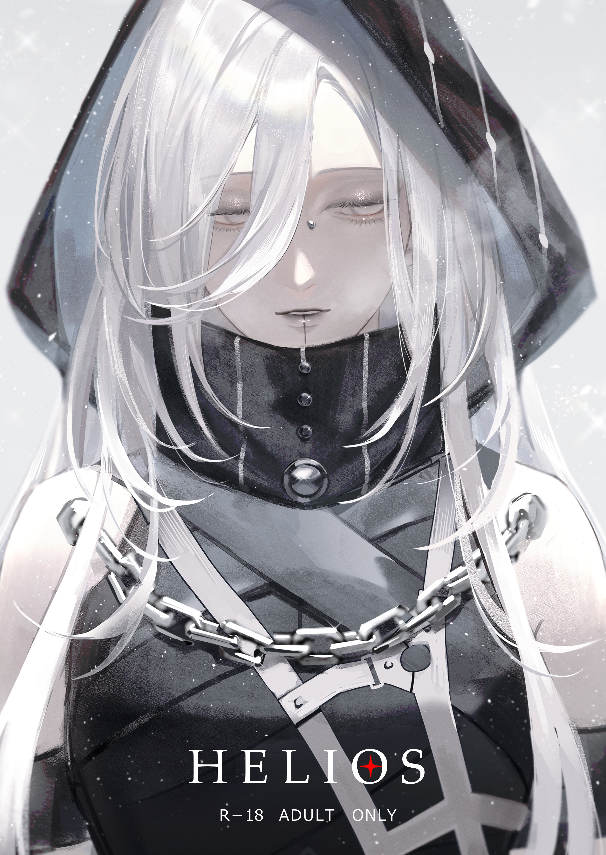 1girl absurdres black_lips bridge_piercing cold content_rating grey_background hair_between_eyes highres hood hoodie light_smile long_hair no_pupils nox_(path_to_nowhere) outdoors parted_lips path_to_nowhere piercing sidelocks simple_background snow solo title toho10min upper_body white_eyes white_hair