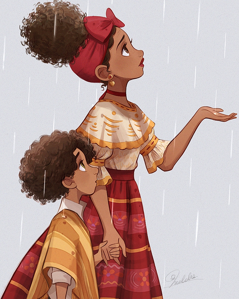 1boy 1girl bow brown_eyes brown_hair camilo_madrigal choker curly_hair dark-skinned_female dark-skinned_male dark_skin dolores_madrigal earrings encanto jewelry melchencanto short_hair siblings simple_background skirt very_dark_skin