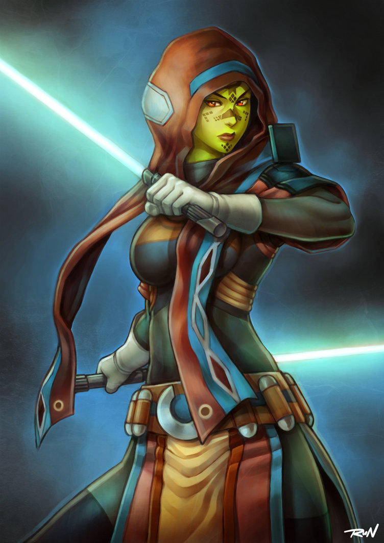 1girl alien artist_name belt colored_skin dual_wielding energy_sword facial_mark gloves green_lightsaber green_skin hayuk0 holding holding_sword holding_weapon hood lightsaber looking_at_viewer mirialan red_eyes solo star_wars star_wars:_the_old_republic sword watermark weapon white_gloves