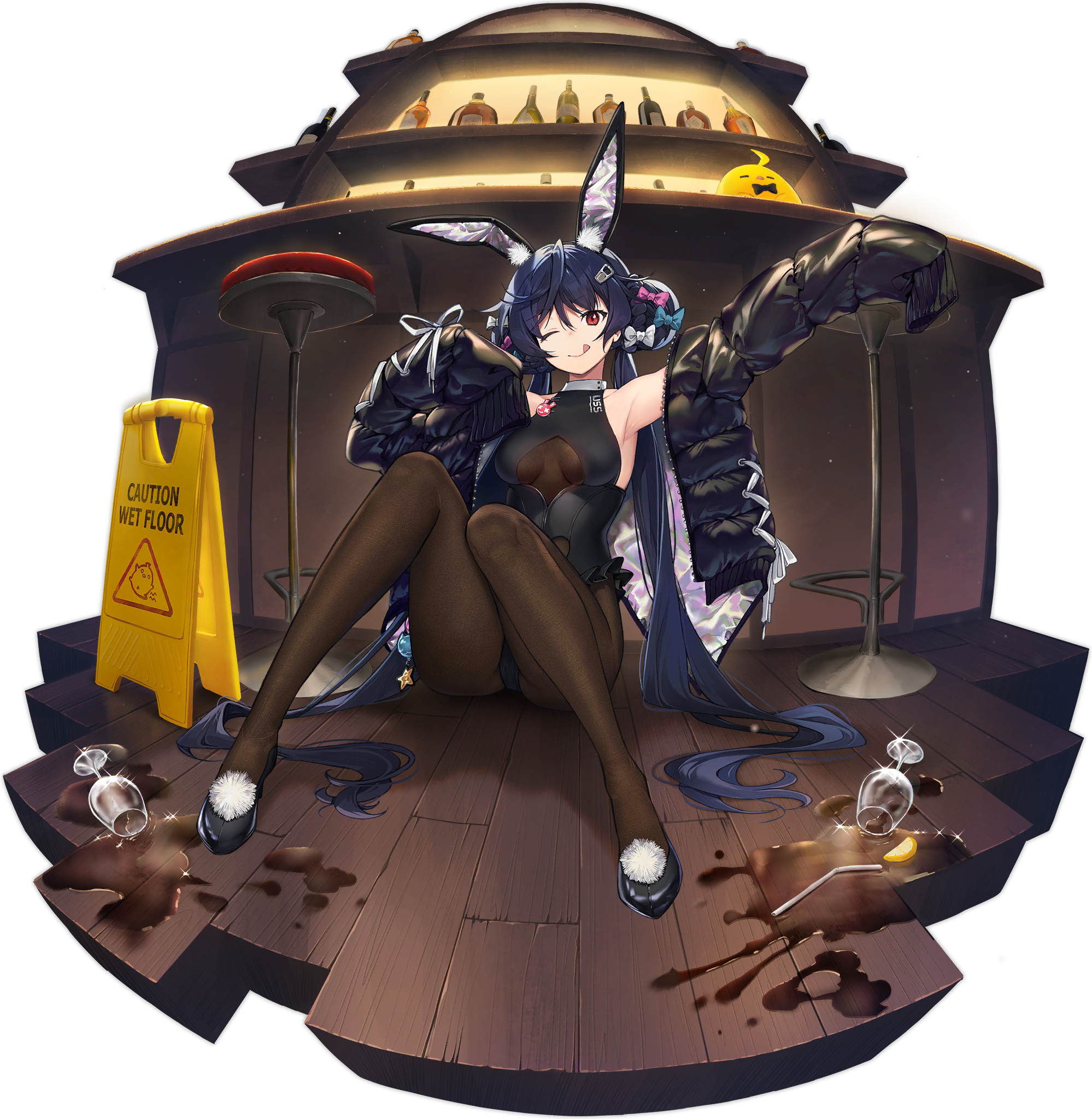 1girl ;q allen_m._sumner_(azur_lane) allen_m._sumner_(charming_rabbit)_(azur_lane) animal_ears armpits arms_up ass azur_lane bare_shoulders black_hair black_jacket black_leotard black_shoes braid braided_bun breasts brown_pantyhose closed_mouth clothing_cutout cup double_bun drinking_glass fake_animal_ears fisheye frills hair_bun highres jacket knees_up leotard long_hair long_sleeves looking_at_viewer medium_breasts nagu off_shoulder official_art on_floor one_eye_closed open_clothes open_jacket pantyhose playboy_bunny rabbit_ears shoes sign sitting smile solo spill tongue tongue_out transparent_background twintails underboob_cutout very_long_hair wet_floor_sign wine_glass