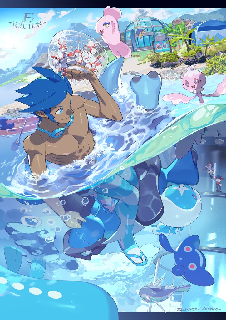 1girl 2boys alomomola arm_up artist_name basculin black_leggings blue_eyes blue_hair blue_male_swimwear boat building carracosta cloud dated double_bun e_volution frillish frillish_(female) gen_3_pokemon gen_4_pokemon gen_5_pokemon goggles goggles_around_neck hair_bun holding_net hugh_(pokemon) jacket leggings long_hair male_swimwear mantyke marlon_(pokemon) mountainous_horizon multiple_boys nintendo ocean outdoors pants partially_submerged poke_ball poke_ball_(basic) pokemon pokemon_bw2 pokemon_gym red_jacket rosa_(pokemon) rowboat sandals shirt short_hair signature skirt sky tan topless_female topless_male tree wailmer white_shirt yellow_skirt