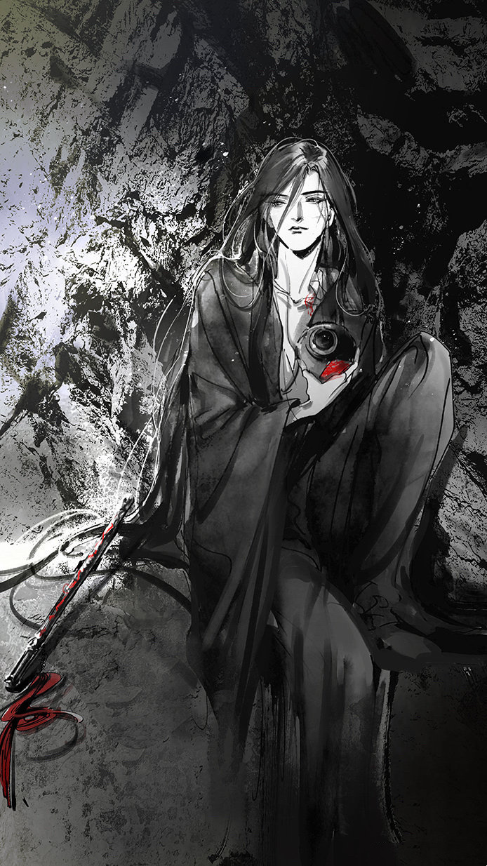 1boy alternate_hairstyle black_eyes black_hair black_hanfu chest_tattoo chinese_clothes closed_mouth faux_traditional_media flute flute_tassel greyscale hair_between_eyes hair_down hanfu highres holding holding_jar ink_wash_painting instrument jar kcllzas163 knee_up long_hair long_sleeves looking_at_viewer looking_to_the_side male_focus modao_zushi monochrome robe sitting solo spot_color tassel tattoo third-party_source very_long_hair wei_wuxian wei_wuxian_(yiling_laozu) wide_sleeves