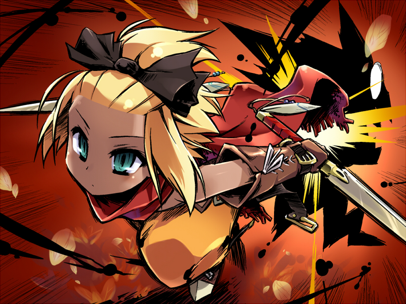 1girl 7th_dragon 7th_dragon_(series) blonde_hair dual_wielding female_focus forehead gloves green_eyes hair_ribbon hatch_(7th_dragon) high_ponytail holding ponytail redrantem ribbon rogue_(7th_dragon) scarf short_hair solo sword tomoshibi_hidekazu weapon