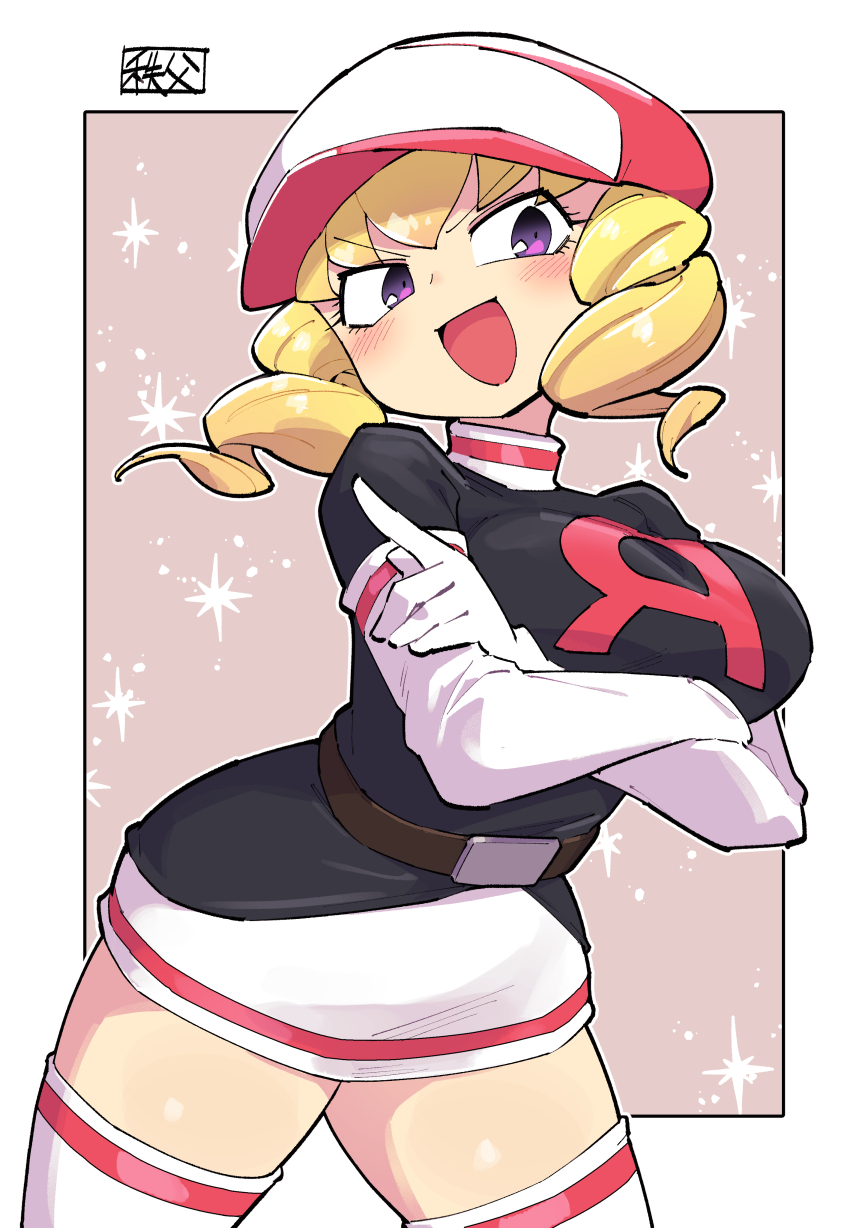 1girl :d arm_under_breasts black_jacket blonde_hair blush boots border breasts chichibu_(watson) commentary_request cowboy_shot domino_(pokemon) drill_hair elbow_gloves eyelashes gloves hat highres jacket large_breasts logo medium_breasts nintendo open_mouth outside_border pokemon pokemon_(anime) pokemon_(classic_anime) purple_eyes skirt smile solo team_rocket team_rocket_uniform thigh_boots twin_drills white_boots white_border white_gloves white_hat white_skirt