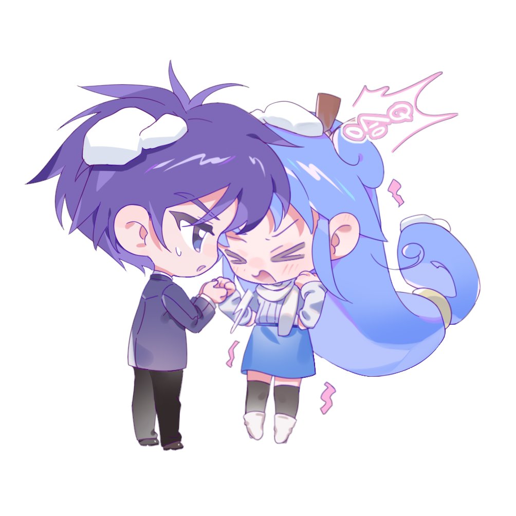 &gt;_&lt; 1boy 1girl ^^^ belt black_belt black_pants black_shoes black_socks blue_eyes blue_hair blue_skirt boots chibi coat cold collared_shirt contemporary curly_hair dress_pants dress_shoes furrowed_brow fushigiboshi_no_futago_hime grey_coat hair_tie holding_hands layered_sleeves light_blush long_hair long_sleeves looking_at_viewer low-tied_long_hair medium_skirt messy_hair open_mouth over-kneehighs pants pencil_skirt purple_hair ravenya0w0 rein_(futagohime) scarf shade_(futagohime) shirt shoes short_hair short_sleeves simple_background skirt snow_on_head socks sweatdrop sweater thick_eyebrows thighhighs trembling tsurime v-shaped_eyebrows very_long_hair white_arm_warmers white_background white_boots white_scarf white_shirt white_sweater winter_clothes winter_coat