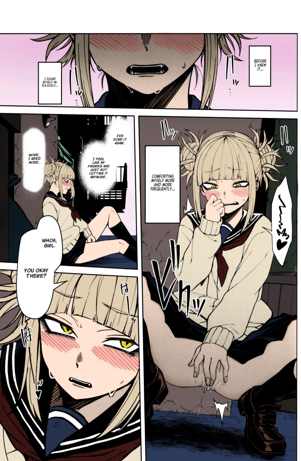 1girl alley blonde_hair blush boku_no_hero_academia double_bun fangs female_masturbation fingering fingering_gesture hair_bun highres looking_back masturbation messy_hair no_panties on_floor pussy_juice pussy_juice_drip school_uniform shoes skirt smiley_face socks standing sweat tagme third-party_edit toga_himiko uncensored yellow_eyes