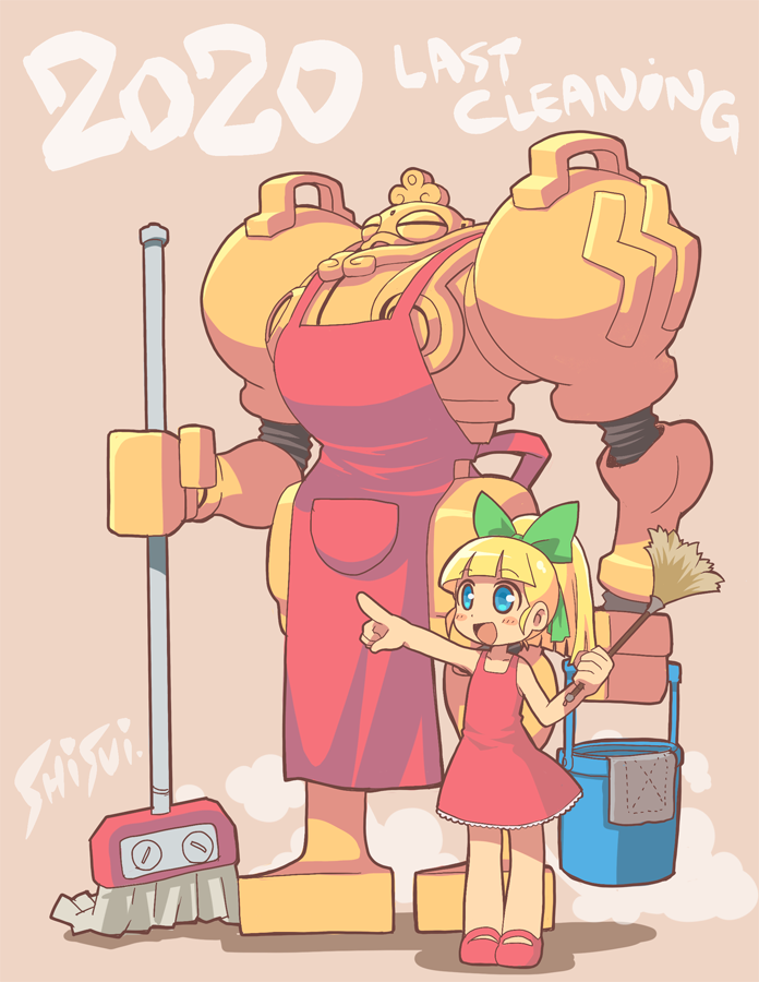 apron artist_name blonde_hair blue_eyes blunt_bangs bow bucket commentary_request dress duster english_text feather_duster full_body green_bow hair_bow holding holding_bucket holding_mop long_hair mega_man_(classic) mega_man_(series) mop open_mouth huitzil_(darkstalkers) pointing ponytail red_dress red_footwear roll_(mega_man) shisui shoes sleeveless sleeveless_dress smile darkstalkers