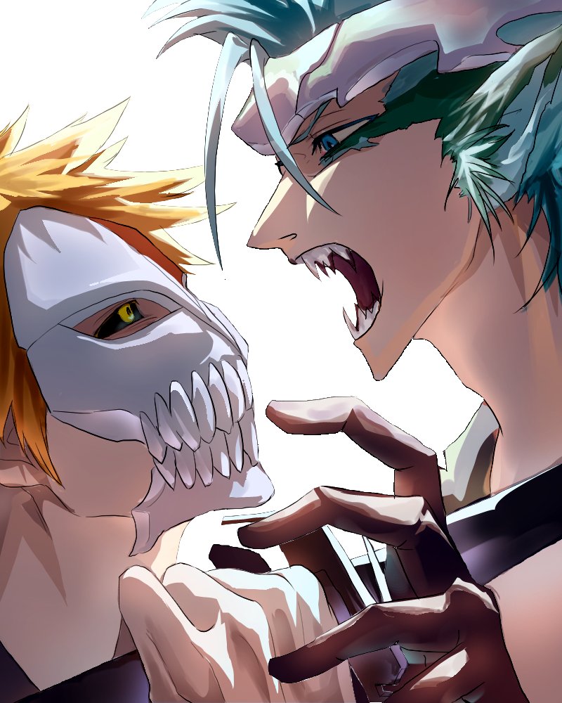 2boys animal_ears bankai battle black_sclera bleach blue_eyes blue_hair cat_boy cat_ears close-up colored_sclera commentary eye_contact facial_mark grimmjow_jaegerjaquez holding holding_sword holding_weapon kurosaki_ichigo looking_at_another mask multiple_boys nose open_mouth orange_hair profile resurreccion sharp_teeth short_hair simple_background spiked_hair sword teeth tensa_zangetsu_(bankai) utkl0qdrt814570 v-shaped_eyebrows weapon white_background yellow_eyes
