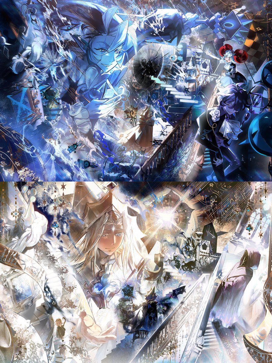 1girl 3boys :d apple_hair_ornament ascot black_sapphire_cookie blonde_hair blue_dress blue_hair blue_skin candy_apple_cookie candy_apple_hair_ornament colored_skin cookie_run cookie_run:_kingdom crown_hat dress facial_mark flower food-themed_hair_ornament forehead_mark hair_ornament hand_on_own_chest hat heterochromia highres holding holding_staff humanization long_hair long_sleeves looking_at_another male_focus multicolored_hair multiple_boys open_mouth painting_(object) pcacao pointy_hat pure_vanilla_cookie railing robe rose shadow_milk_cookie short_hair smile staff stairs two-tone_hair white_flower white_hat white_robe white_rose