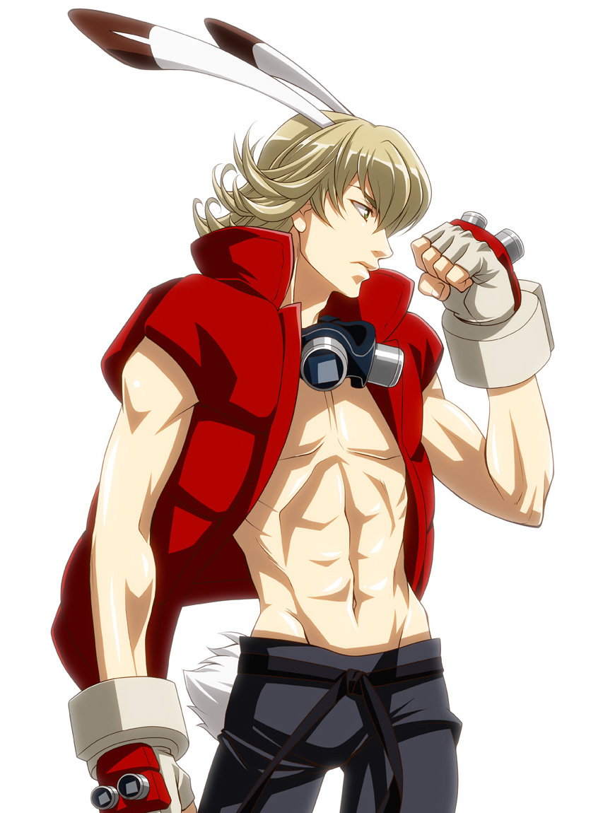 1boy animal_ears barnaby_brooks_jr. blonde_hair fingerless_gloves fusion gloves green_eyes king_kazma male_focus parody rabbit_ears rabbit_tail simple_background solo summer_wars tail tiger_&amp;_bunny vest wauwa white_background