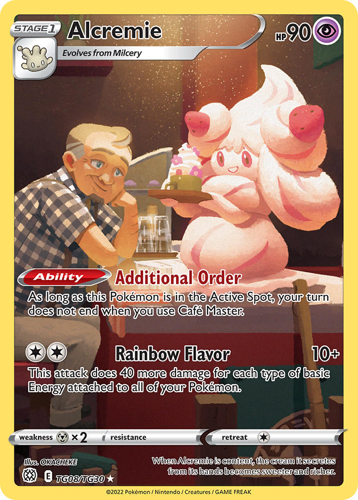 1boy :d alcremie alcremie_(strawberry_sweet) alcremie_(vanilla_cream) artist_name blue_eyes brown_hair cafe_master_(pokemon) card_(medium) character_name closed_mouth company_name copyright_name copyright_notice cup drink english_text gen_8_pokemon grey_hair grey_pants head_rest holding light_particles milcery mug multicolored_hair nintendo official_art okacheke on_counter open_mouth pants plaid_clothes plaid_shirt pokemon pokemon_(creature) pokemon_card pokemon_swsh pokemon_tcg red_eyes shirt short_hair short_sleeves sitting smile third-party_source trading_card two-tone_hair
