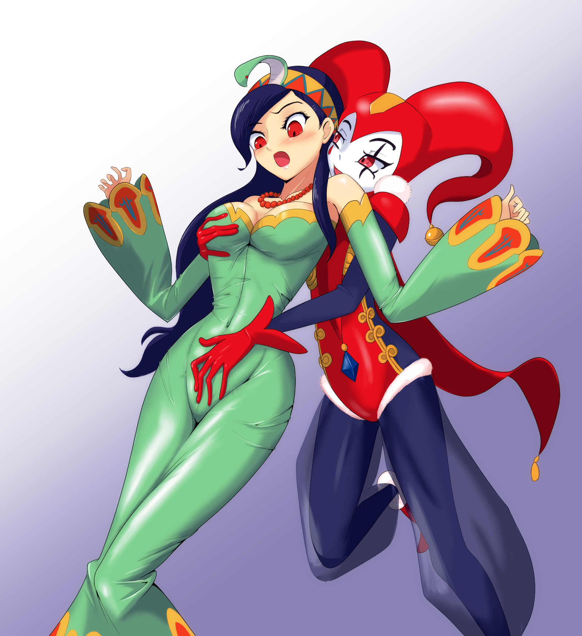 2girls breasts chrono_cross cleavage from_behind grabbing_another&#039;s_breast grabbing_from_behind groping harle_(chrono_cross) highres medium_breasts multiple_girls riddel_(chrono_cross) square_enix yuri