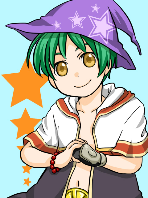 1boy bead_bracelet beads black_coat blue_background bracelet closed_mouth coat commentary_request gold_trim green_hair hat hood hooded_coat jewelry looking_at_viewer male_focus monk_(ragnarok_online) multicolored_coat navel nayuruonline purple_hat ragnarok_online red_coat short_hair short_sleeves simple_background smile solo star_(symbol) upper_body white_coat witch_hat yellow_eyes